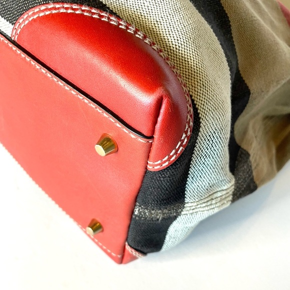 Burberry Maidstone Large Check Canvas Tote Bag Red Leather Trim - Picture 10 of 16